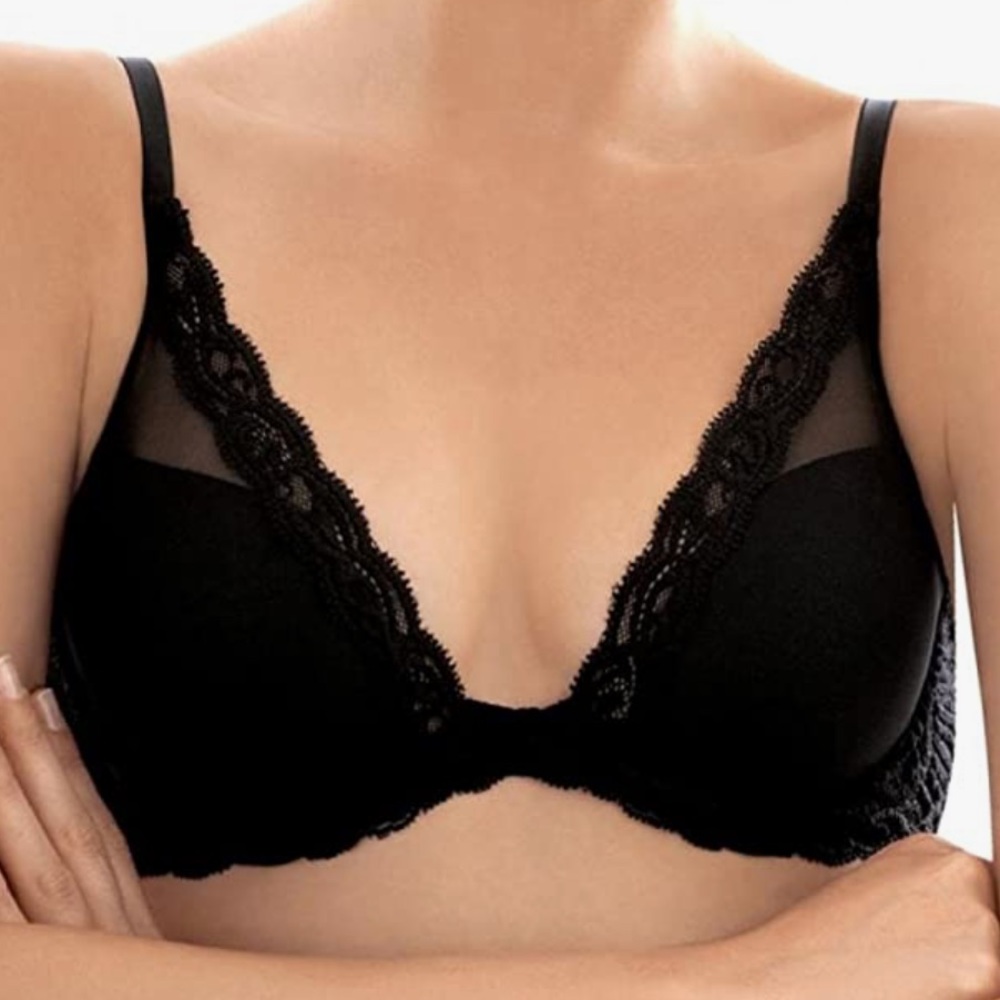 Natori Feathers Contour Plunge Bra black 36DD 36E new without tags NWOT